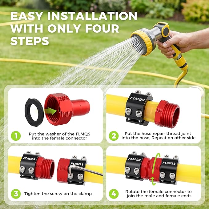 Garden Hose Repair Kit with Upgraded Tight Clamp - 3 Sets Heavy Duty Aluminum Alloy Hose Connector, Fit for 5/8" Hoses, Includes 6 Extra Washers - Leak-Proof Easy Fix (Red)