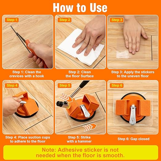 Floor Gap Fixer Tool, Heavy Duty Suction Cup Tool with Double 45°Striking Surface, Silent Felt Pads & Aluminum Handle, Includes 5pcs Sticky Pads Sheets for Uneven Laminate & Hardwood Flooring Tools