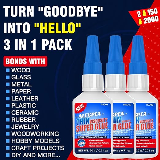 2/150/2000 CPS (Thin/Medium/Thick) CA Glue, Cyanoacrylate Super Glue Wood, Glass, Metal, Paper, Leather, Plastic, Ceramic, Rubber, Jewelry, Woodworking, Hobby Models, and Craft Project 60g(2oz)