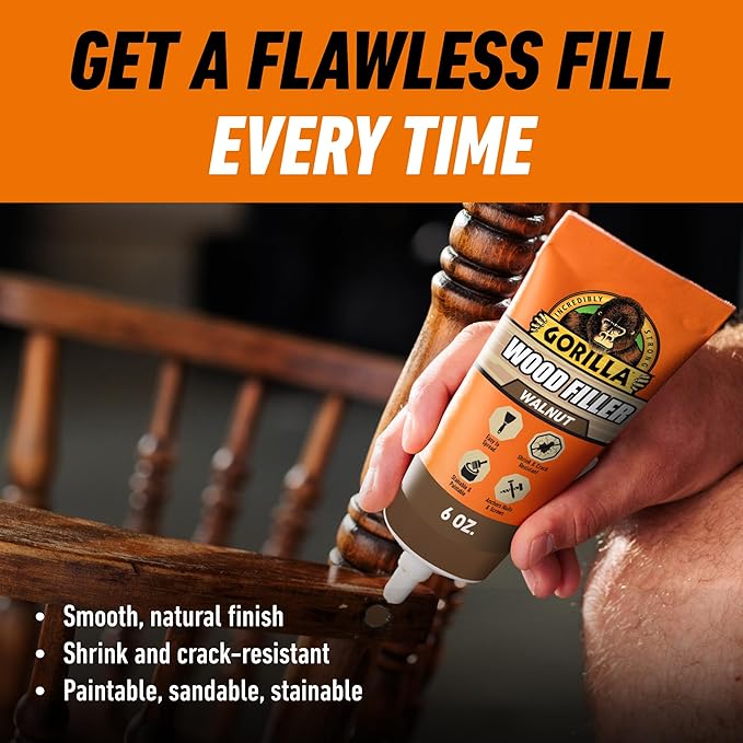 Gorilla All Purpose Wood Filler, Walnut Color, 6 Ounce Tube (Pack of 6) - Water Resistant for Indoor or Outdoor Projects and Repairs