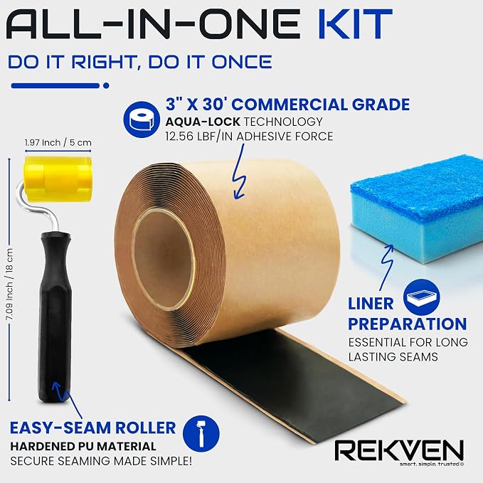 Pond Liner Seam Tape Kit - 30 Feet x 3 Inch - Double Sided Butyl Tape - Bond Seal or Repair EPDM PVC HDPE LDPE RPE LLDPE - Perfect for Small or Large Fish and Koi Ponds (Kit - Roller & Sponge)