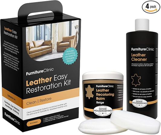Furniture Clinic Leather Easy Restoration Kit | with Leather Recoloring Balm, Cleaner, Sponge, and Cloth | Leather Repair Kit for Scratched and Faded Furniture (Beige)