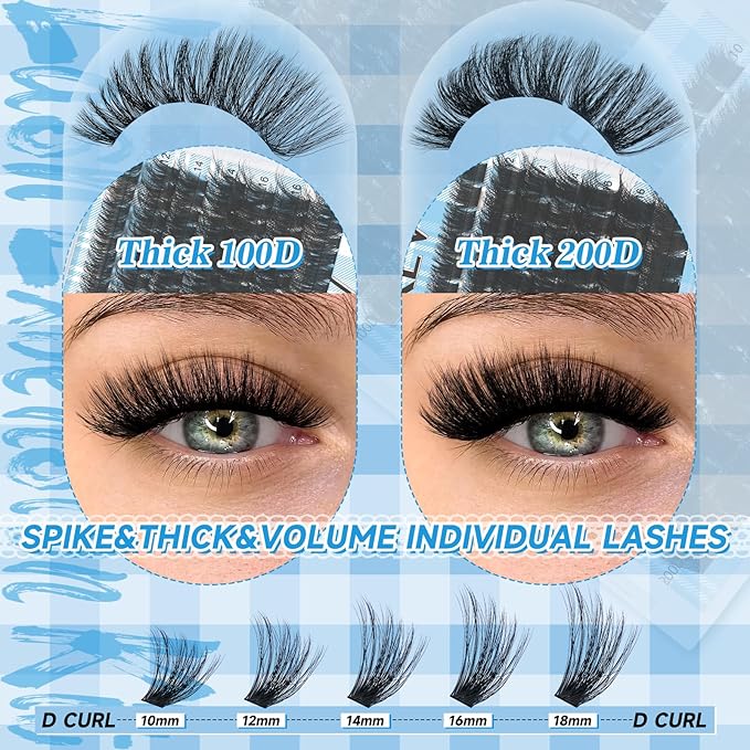 Lash Clusters 100D+200D 3D Volume Eyelash Clusters 10-18mm Thick Individual Lashes 231pcs D Curly Cluster Eyelash Extensions Soft DIY Lash Extension At Home(0.05D,100D+200D)