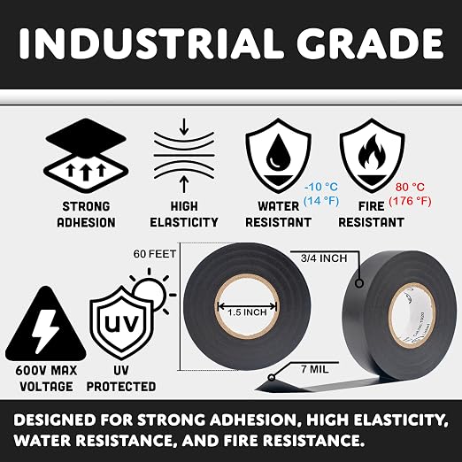 TradeGear White 10 Pack - UL Listed Colored Electrical Tape, 60 ft x 3/4 in, 600V, Flame Retardant, Waterproof, Rubber Adhesive - Phase Marking, Wire ID, Automotive