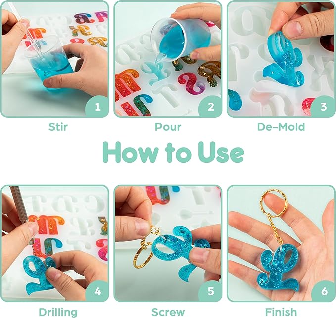 Mocoosy 182Pcs Fancy Alphabet Resin Molds Silicone Kit, Reversed Letter Keychain Epoxy Resin Casting Molds, Resin Key Chain Making Set with 1 Hand Drill 2 Drill Bits 30 Key Rings 100 Screw Pins