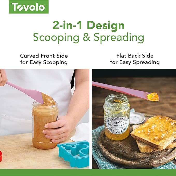 Tovolo Silicone Jar Spatula Long Handled Rubber Scraping Scooping Tool for Peanut Butter Jam Jelly Jars Blenders, Extra Long Flex Core Silicone Jar Scraper Dishwasher Safe BPA Free, Pink Sorbet