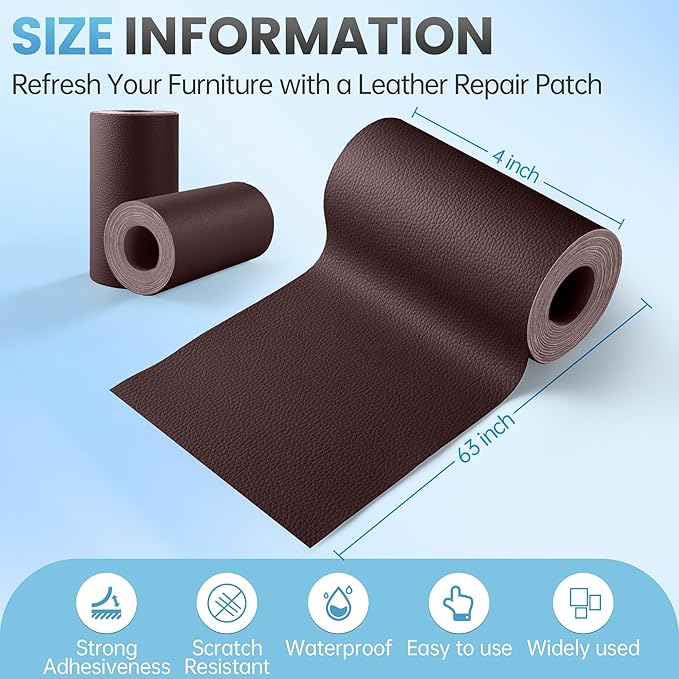 Leather Repair Patch Tape Kit, 4" x 63" Self Adhesive Leather Repair Patch for Furniture, Vinyl Leather Repair Kit for Car Seat, Chairs, Couch, Sofa, Boat Brown