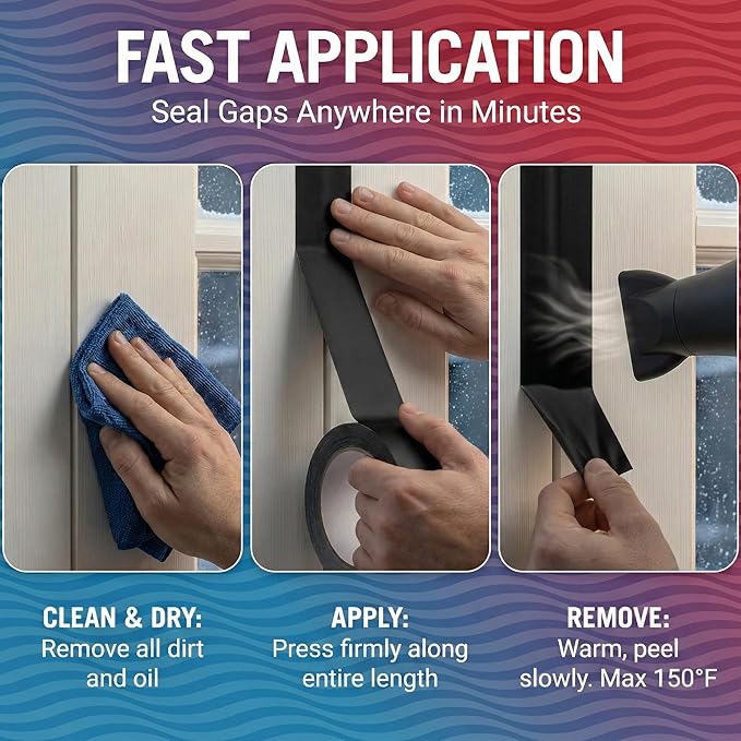 Window Sealing Tape Black 2 Inch x 100 FT, Weather Seal for Windows, Doors and AC Units, Waterproof UV Resistant, Damage-Free Removal - Better Boat
