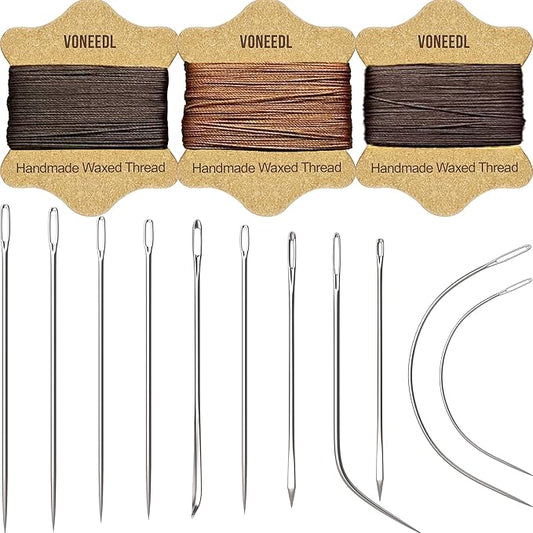 Upholstery Repair Kit: Waxed Sewing Thread (3 Rolls - Brown Color Range) & Heavy Duty Needles (11 PCS) for Leather, Canvas & Quilting Thread