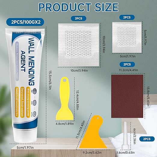 2 Pack Drywall Repair Kit,Wall Mending Agent with Scraper,Drywall Patch Repair Kit with Spackle Paste,Wall Hole Filler Putty for Filling Cracks & Holes,Quick Easy Plaster Wall Repair