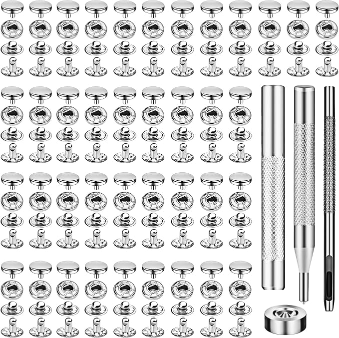 TLKKUE 50 Sets Leather Snap Fasteners Kit 10mm Silver Metal Snap Buttons kit Stainless Steel with 4pcs Snap Fastener Installation Tools for Sewing Clothing, Bracelets, Jackets, Bags Belt, DIY Crafts