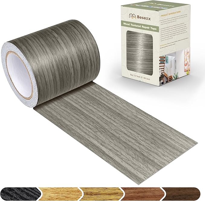 Besezx Wood Grain Tape, 3.9" X15', Self Adhesive Wood Grain Repair Patch for Tables, Chairs, DIY,Baseboards, Doors, Windows, Floors and Furniture Renovation.（Gray）