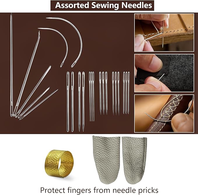 Leather Sewing & Upholstery Repair Kit with 2 Awls, Needles & Waxed Thread | for Stitching and Repairing Car Seats, Sofas, Carpets, Shoes and Bags, ideal for Canvas, Tents and DIY Leather Crafts