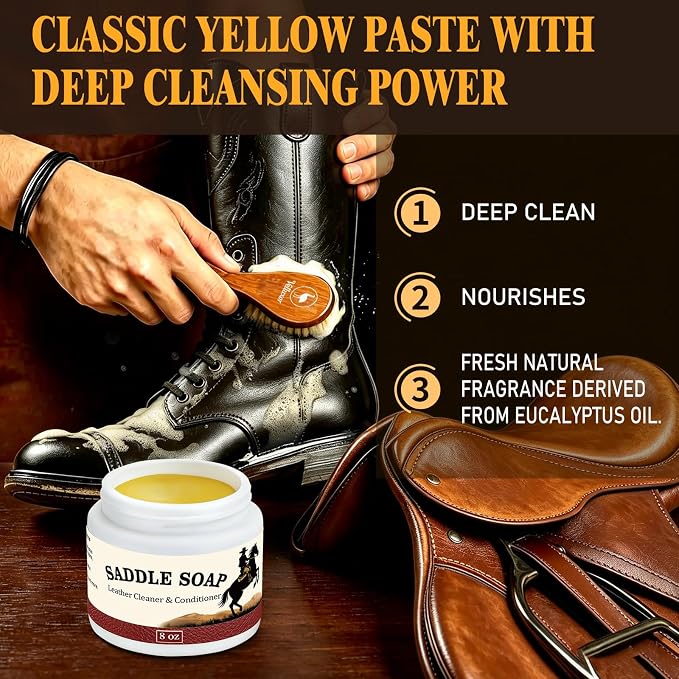 Yellow Saddle Soap for Leather 8oz - Leather Cleaner and Conditioner to Soften, Protect & Restore Leathercraft - Leather Cleaner for Car Seats, Couch, Shoes, Purse, Boots, Handbag & Saddle