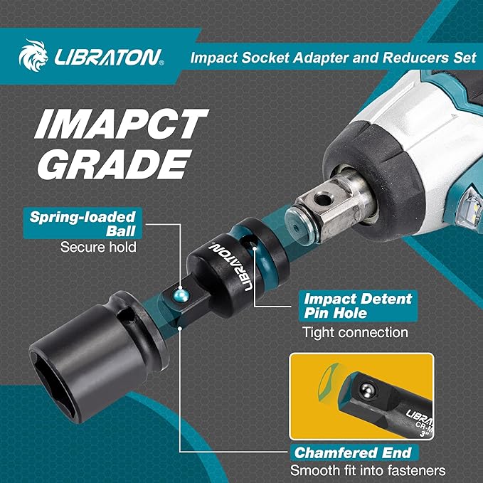 LIBRATON Impact Socket Adapter and Reducer Set 11PCS, Socket Adapter Reducers, Swivel Socket Adapters, Impact to 1/4 Hex Converters, Impact Wrench Adapters for Automotive Repair, with Blow Molded Box