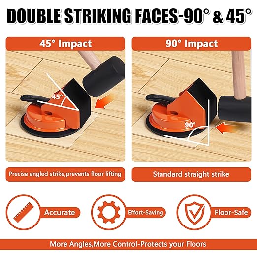 Floor Gap Fixer Tool 45°&90°Striking Surfaces Floor Gap Repair Tool Made of Iron & Enhanced Suction Cup with Slot Cutter and 5pcs Sticky Pads for Fixer Laminate/Vinyl Flooring Tools (Orange)