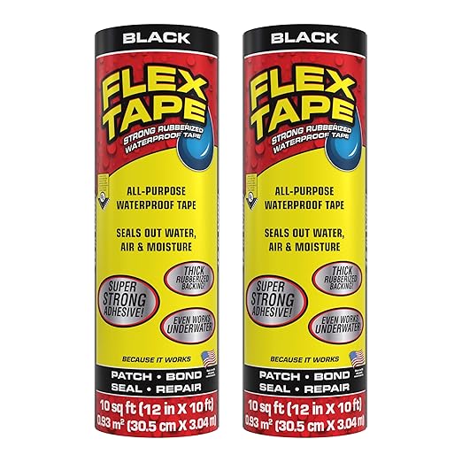 Flex Tape, Original Thick Flexible Rubberized Waterproof Tape - Seal and Patch Leaks, Works Underwater, Indoor Outdoor - Home RV Roof Plumbing and Pool Repairs, Black, 12 in x 10 ft, Pack of 2
