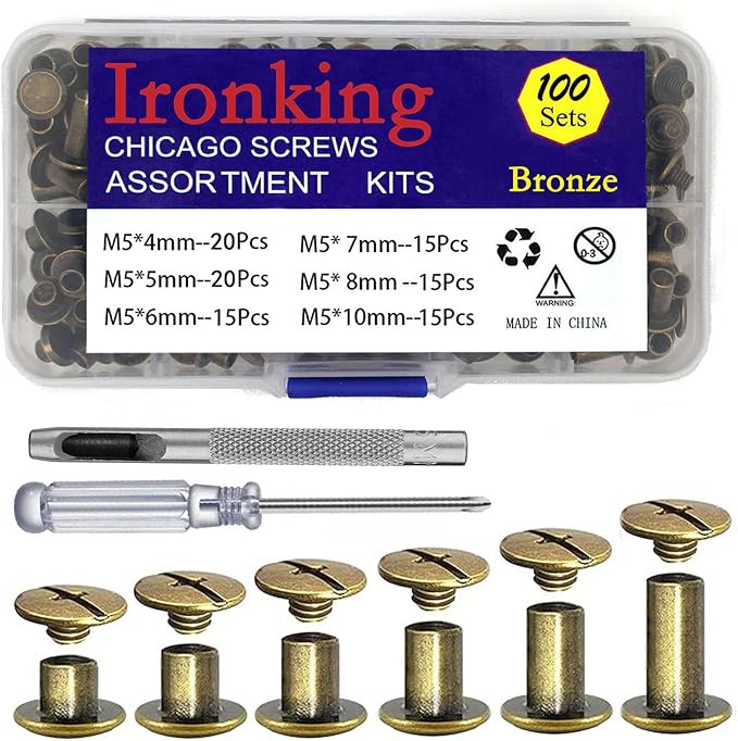 Ironking 100Sets M5 Chicago Screws Leather Rivets Assorted Metal Fasteners Buttons Screw Rivets， for Leather Craft Decorate and Repair Belts Bags Shoes Purse (BronzeM5*4,5,6,7,8,10)