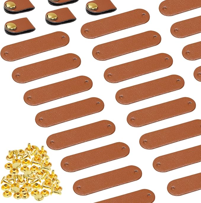 ONLYKXY Brown Small PU Leather Handmade Tag with Rivet Button for Knits,Universal Blank Label Cute Repair Patch Soft Crochet Tape with Holes for DIY Clothing,Sewing Stamping,Keychain (100)