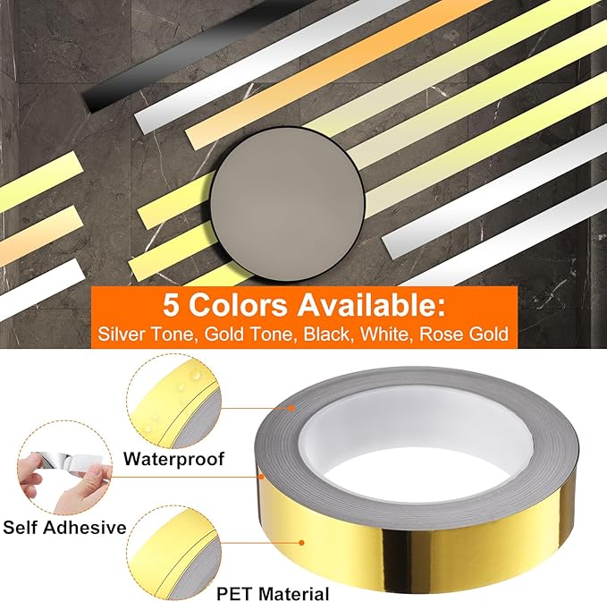 HARFINGTON 2Pcs Floor Tiles Gold Foil Lines Metallic Mirror Tape 0.98" x82 Ft Ft Self Adhesive Decor Floor Wall Seam Sticker Waterproof Gap Sealing Tape for Kitchen Bathroom Cabinet