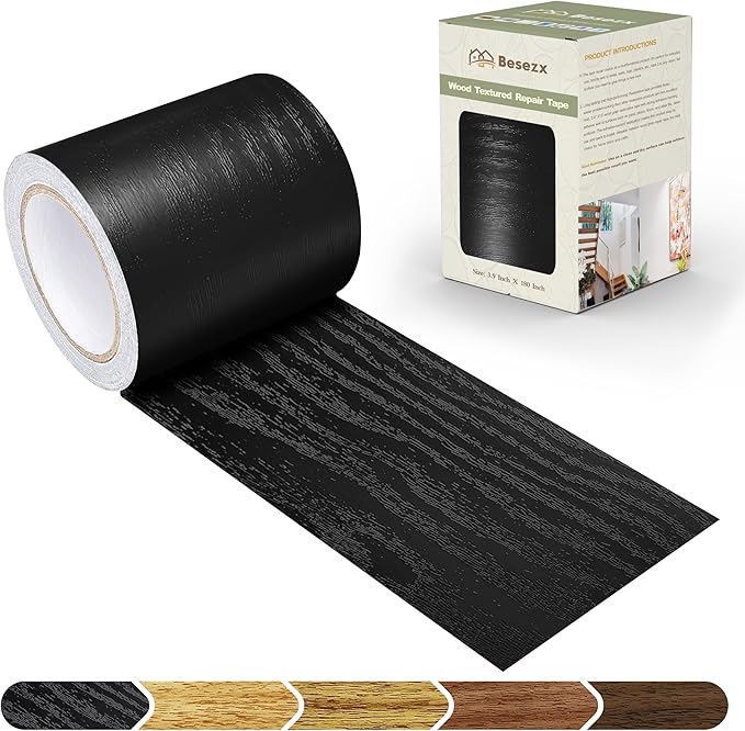 Besezx Wood Grain Tape, 3.9" X15', Self Adhesive Wood Grain Repair Patch for Tables, Chairs, DIY,Baseboards, Doors, Windows, Floors and Furniture Renovation.（Black）