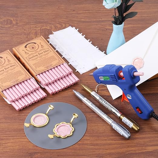 Wax Seal Kit, WASOHLING 40Pcs Pearl Pink Sealing Wax Sticks with Glue Gun, Wax Seal Molds, Silicone Mat, Marker Pens, Premium Kit for Wedding Invitations Envelopes Cards (Pearl Pink)