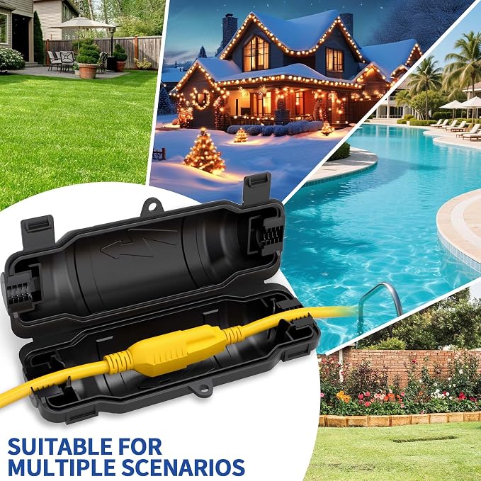 Outdoor Extension Cord Safety Cover with Waterproof Seal IP54 Water-Resistant, Weatherproof Electrical Connection Box with 2 Latches, Plug, Socket, Holiday Decoration Light, Black