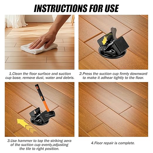 Heavy Duty Gap Fixer Tool for Laminate Flooring - Laminate Floor Gap Repair Tool with Heavy-Duty Floor Suction Cup and Rubber Hammer,for Laminate and Vinyl Flooring (Black Dual-Sided Striking)