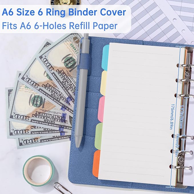 Antner A6 Notebook Binder Refillable 6 Ring Budget Binder Cover for A6 Refill Paper, PU Leather Budget Planner Organizer with Magnetic Buckle, Loose Leaf Personal Planner, Glitter Blue