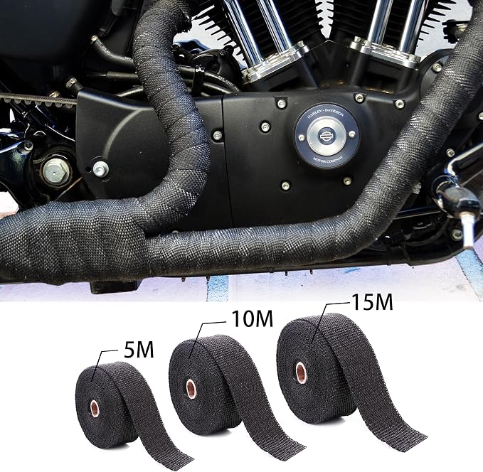 Deecam Exhaust Heat Wrap, 2 Roll 2'' x 50' Exhaust Header Wrap, Black Fireglass Heat Tape for Motorcycle Manifold Pipe Heat Shield with 24 Stainless Steel Ties