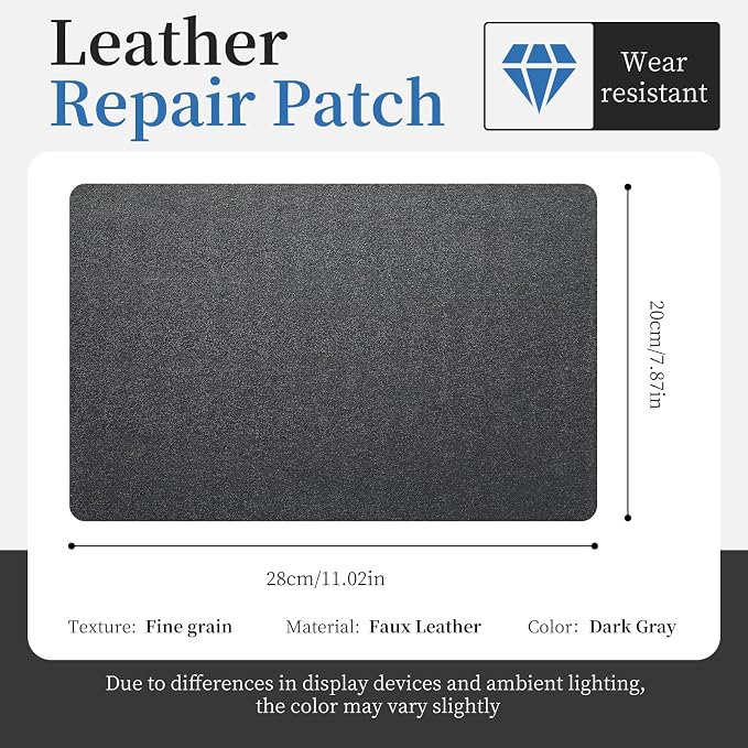 Fadoub Leather Repair Patch Tape Self-Adhesive, 8x11In Heavy Duty Vinyl Patch, Leather Repair Kit for Furniture, Sofa, Couch, Office Chair, Car Seat, Car Interior(Dark Gray-Fine Grain)