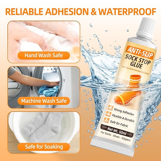 Sock Stop Glue, 2-Pack of 1.69 fl oz Each Sock Stop Anti Slip Adhesive Suitable for Children and Elder, Clear Waterproof Non Slip Sock Glue for Socks, Blankets, and Floor Mats