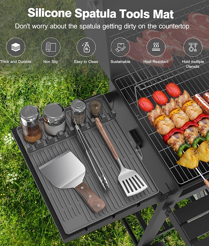Silicone Grill Mat Compatible with Blackstone, BBQ Griddle Tools Mat with Drip Pad, Large Spatula Holder for Outdoor Kitchen Counter, Gifts for Men （Gray）