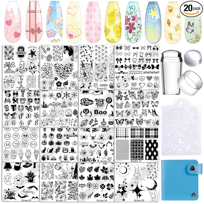 Biutee 16PCS Nail Stamping Plates Nail Stamper Kit with Nail Stamper, Scraper & Storage Bag, Nail Stamping Kit Nail Art Stamping Plates with Butterfly Flower Leaf Bowknot Design for DIY Nail Art