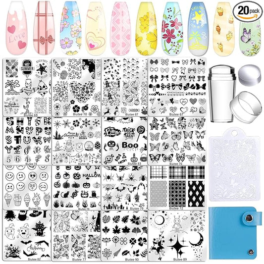 Biutee 16PCS Nail Stamping Plates Nail Stamper Kit with Nail Stamper, Scraper & Storage Bag, Nail Stamping Kit Nail Art Stamping Plates with Butterfly Flower Leaf Bowknot Design for DIY Nail Art