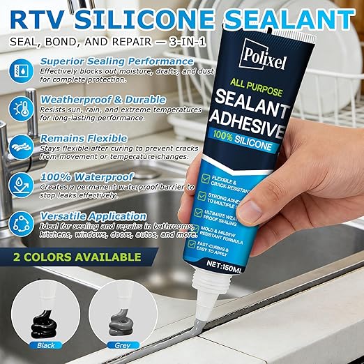 Black RTV Silicone Sealant Adhesion – 100% Silicone Caulk, Waterproof & Flexible Caulk for Car, Bathroom, Kitchen, Window & Plumbing – High Temperature, Strong Adhesion – 5oz/150g