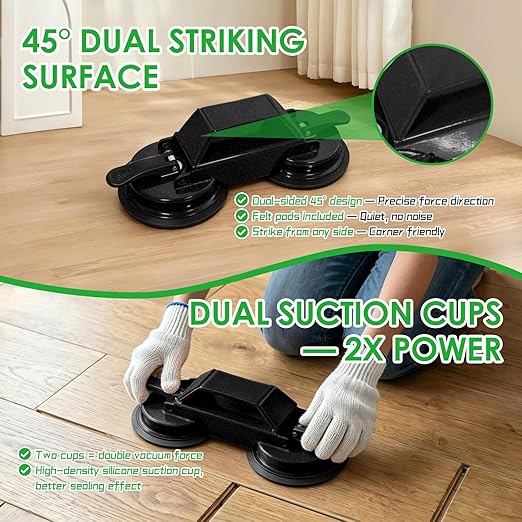 Floor Gap Fixer Tool for Laminate Floor Gap Repair, Heavy Duty Dual Suction Cups with 45° Striking Surface, Includes Rubber Mallet, Sticky Pads & Gloves for Vinyl Plank, LVP & Hardwood