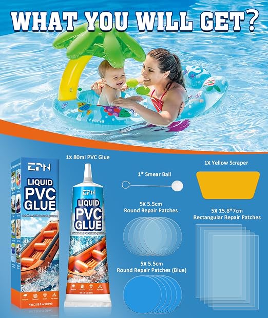 EPN Air Mattress Patch Kit, Waterproof Vinyl Pool Liner Repair Kit for Inflatables, Air Mattress, Swimming Ring, Tent, Bounce House, Inflatable Toys, Hot Tub, PVC Boat, Raft, Kayak (80 ML)