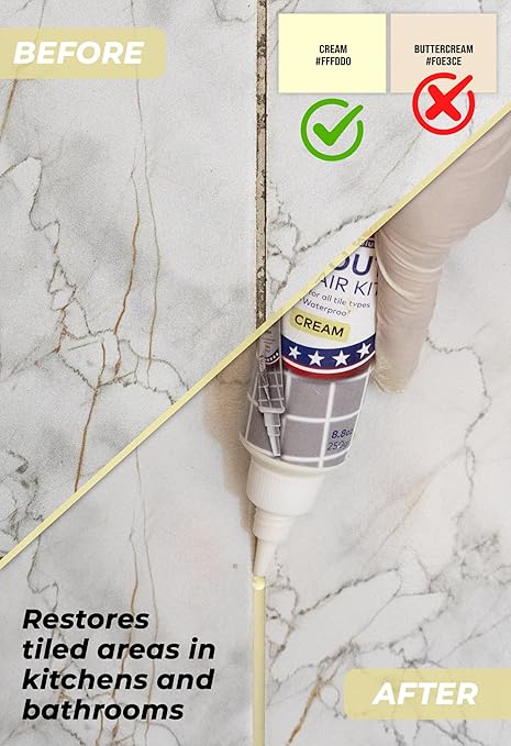 Tile Grout Repair, Beige and Cream 8.8 oz/250gr. Fast Drying Grout Repair Kit, Grout Filler Tube Repair Kit, Tile Grout Paint, Grout Sealer Restore and Renew Bathroom Floor, Tile Gaps, Joints, Lines