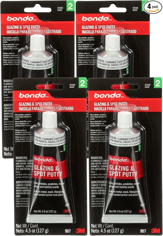 3M Bondo Glazing and Spot Putty 4 Pack (4 x 4.5 oz Tubes = 18 oz Total) Nitrocellulose red auto Body Glazing Putty for pinhole, Scratch and Small dent Repair on Metal, Fiberglass and Wood