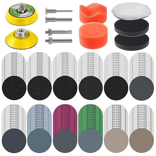 251Pcs 2 Inch Sanding Disc Drill Polishing Kit Sanding Attachment Assorted 60-10000 Grit, Wet Dry Silicon Carbide Hook & Loop Sandpaper with Sanding Pads and Soft Foam Buffering Pad for Car Wood Metal