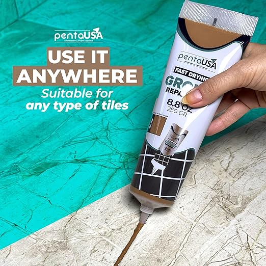 PentaUSA Tile Grout Repair Kit - Beige Brown Premixed Acrylic Sanded Grout Filler for Bathroom, Shower, Kitchen Tile and Wood-Look Tile, Water-Resistant Tube with Applicator (8.8 oz / 250g)