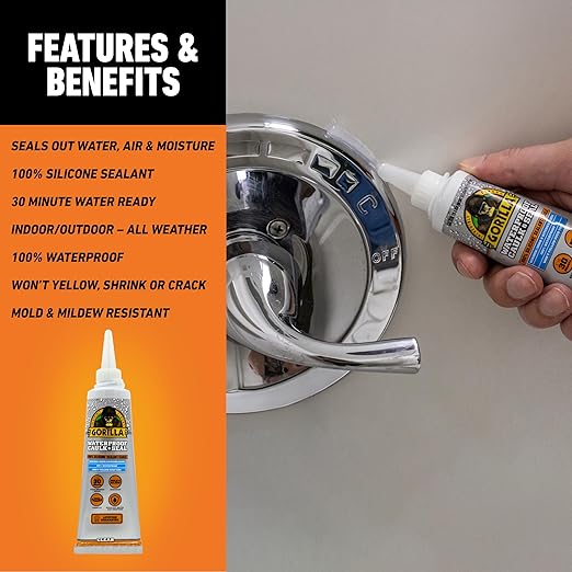Gorilla 100% Silicone Caulk, Waterproof Sealant, 2.8oz Squeeze Tube (Pack of 2) – Clear -10 Year Mold Resistant Kitchen, Window, Bath, Marine, Door and More