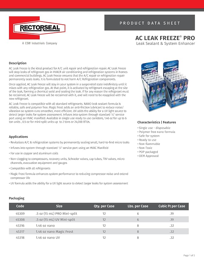 RectorSeal AC Leak Freeze Pro Nano with UV 45318 Refrigerant Leak Sealant, Quick and Easy, HVAC, 1.5 oz.