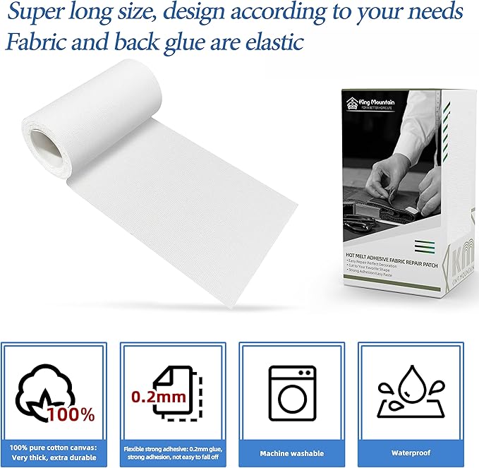KING MOUNTAIN Canvas Iron on Patch,3"×60",Waterproof 100% Cotton Fabric Repair Patch,Used for Various Sofa,Tent,Clothes,Seats,Suitcases (White)