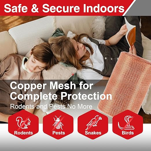 5 Inch×106 ft Copper Mesh Rodent Control, 100% Pure Copper Mesh Roll for Rat Snail Bird Exclusion, Rustproof Gap Filler for Foundation & Roof Sealing, with Scissors Gloves Trowel