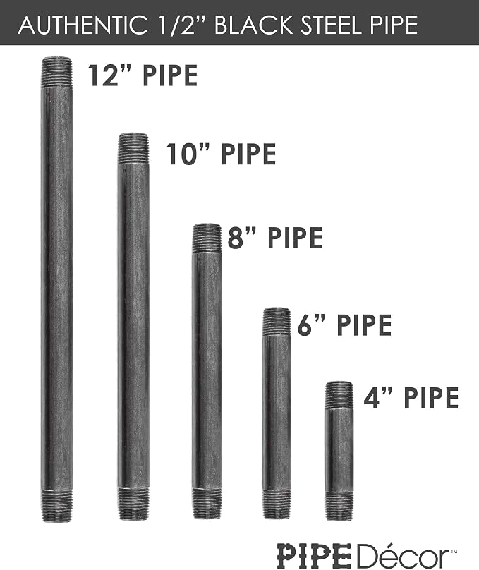 PIPE DÉCOR 1/2” x 8” Malleable Cast Iron Pipe Nipple, Pre Cut Connectors, Industrial Steel Grey Fits Standard Half Inch Black Threaded Pipes Nipples and Fittings, Build Vintage DIY Furniture, 6 Pack