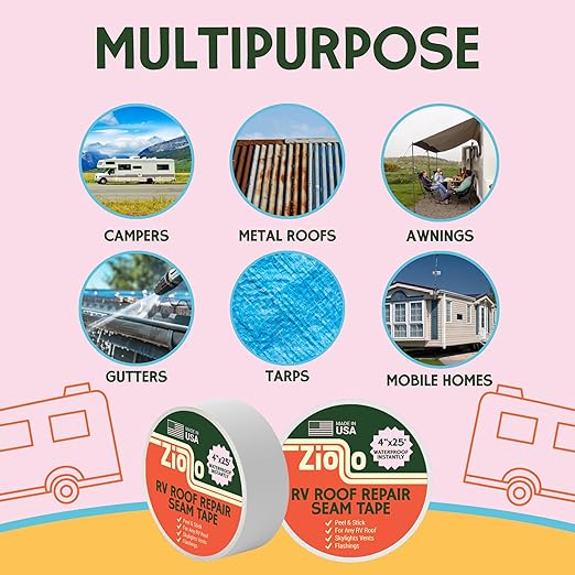Ziollo RV Repair Kit with 2 x 10 oz of Self Leveling Caulking Lap Sealant & 1 RV Roof Repair Seam Tape 4" x 25' - Works on EPDM, TPO, Metal & Fiberglass