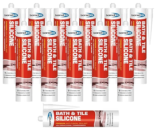 Bond It Bath & Tile Silicone, Premium Long Term Acetoxy Sealant, Waterproof Flexible Sanitary Silicone - Bathrooms, Kitchens, Showers, Tubs, Sinks, Countertops, Backsplashes, 10 oz, Pack of 12, Clear