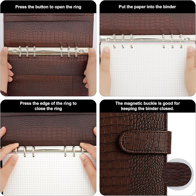 Convend A5/A6 Refillable 6 Ring Binder Cover, Crocodile-Embossed PU Leather with Magnetic Closure, Premium Look and Feel, Compatible with Standard Planner Inserts,(Brown)